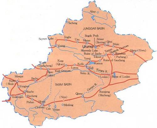 Zemljevid regije Xinjiang Vir:http://www.silkroadencyclopedia.com/SilkRoadTravel-IpekYolu/X.htm